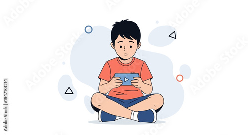 Boy playing video game on tablet, sitting cross-legged, modern illustration, digital entertainment