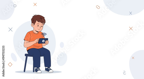 Boy playing video game on tablet, sitting on chair, online gaming, technology concept