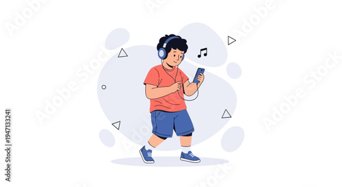 Boy with headphones listening to music on smartphone, dancing, modern illustration
