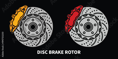 Performance Auto Disc Brake Rotor and Caliper Vector Illustration Drilled and Slotted Car Disc Brake Rotor Vector