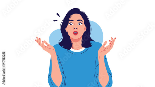 Portrait of a young woman with a surprised and confused facial expression holding her hands up in a shrugging gesture.