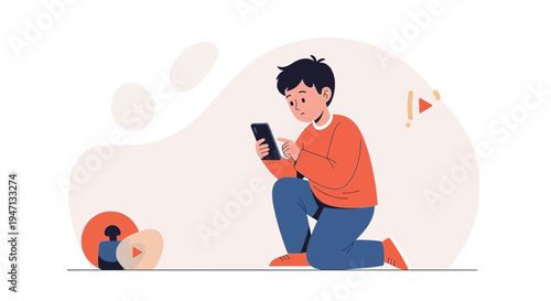 Boy with smartphone watching video online, online education, digital learning