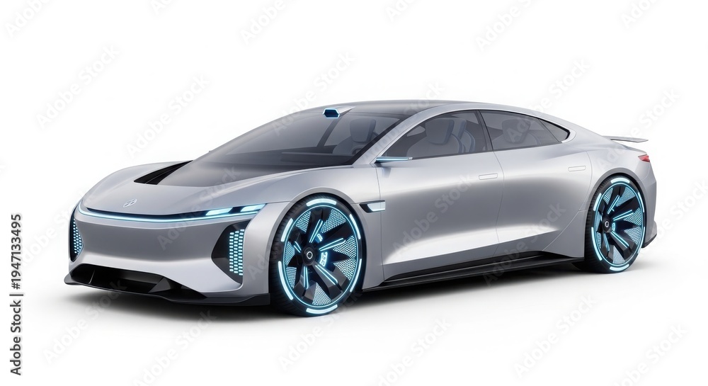 Naklejka premium Sleek Silver Futuristic Concept Car 3D Render with Glowing Blue Wheels and Aerodynamic Design isolated on White Background