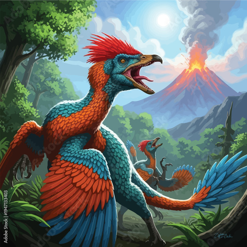 Prehistoric landscape with two colorful feathered dinosaurs and erupting volcano with illustration is ideal for educational content, fantasy, and historical themes