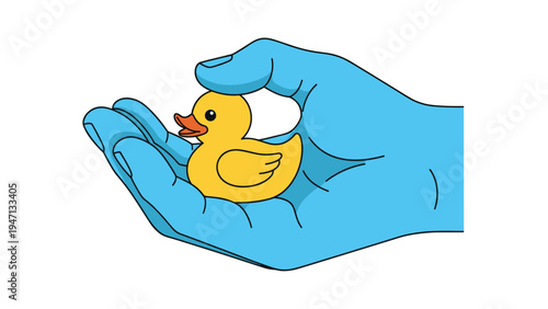 Large stylized blue human hand gently holding a classic small yellow rubber duck toy with an orange beak in its palm.