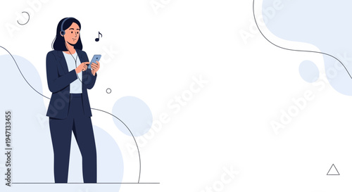Businesswoman listening to music on phone with headphones, modern abstract background