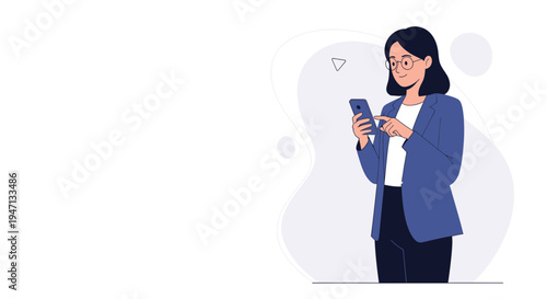 Businesswoman using smartphone, modern flat illustration, professional woman with phone, digital communication