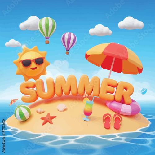 Whimsical 3D summer island scene with hot air balloons and smiling sun with perfect for summer promotions and vacation themes