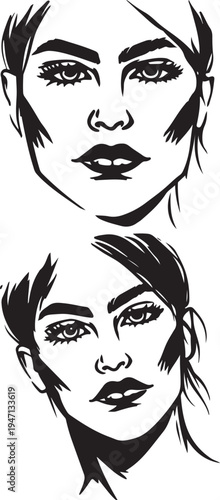 Beautiful Woman Portrait Silhouette Vector Art Illustration Featuring Hand Drawn Ink Style Face with Bold Eyebrows and Elegant Hairstyle Isolated on White Background for Fashion and Beauty Design.