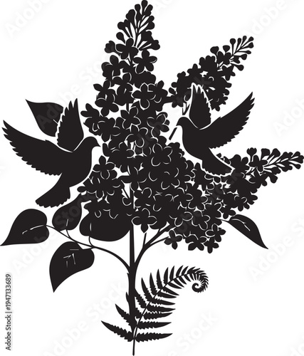 Lilac bush with flying birds vector silhouette illustration line art spring garden floral