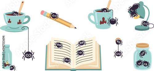 Cute cartoon spiders crawling on books pencil cup jar and mug playful Halloween insect characters spooky school objects flat vector illustration set