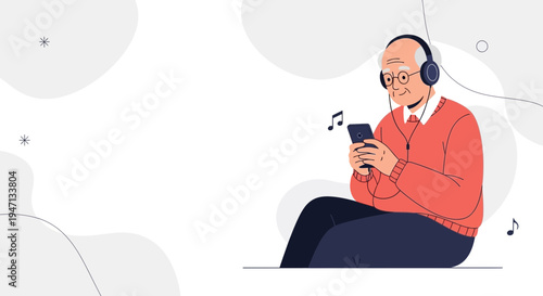 Elderly Man Listening Music on Smartphone with Headphones, Relaxed Senior Enjoying Audio