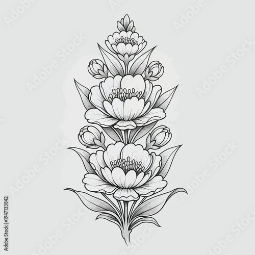 Elegant black and white line art illustration of a blooming flower arrangement with elegant artwork serves as a versatile design element for various applications