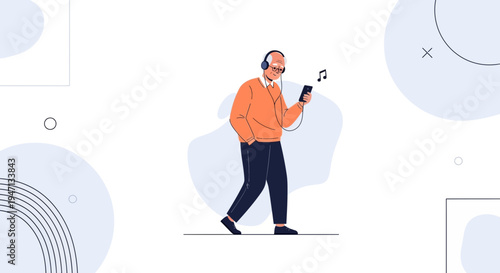 Elderly Man Listening to Music on Phone with Headphones, Walking
