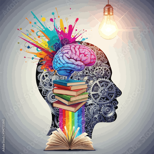 Creative concept of the human mind with gears, books, and colorful splashes of ideas, symbolizes intelligence, creativity, learning, and innovation, light bulb
