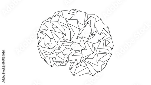 Artistic black and white line drawing of a human brain composed entirely of many sharp triangular and geometric shards and shapes.