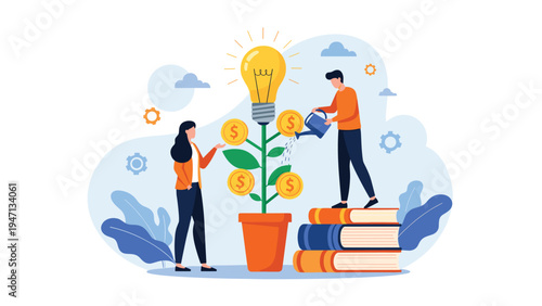 Team of professionals nurture a money plant growing from a pot with an idea lightbulb and stacks of educational books.
