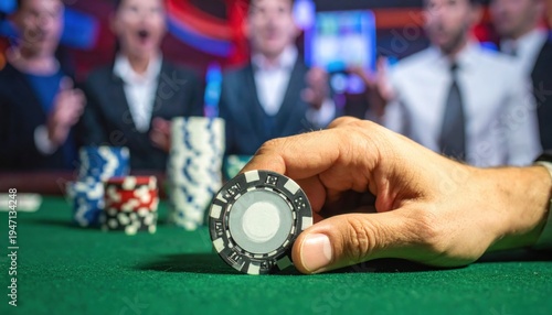 Hand holding a large denomination casino chip on green felt, about to make a significant bet
