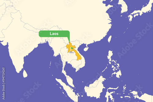 Highlighted infographic map illustration of Laos, ideal for education, travel guides, and geography presentations.