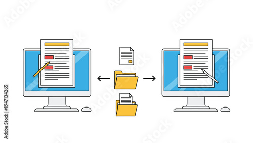 Collaborative document editing concept showing two computers working on the same file with folders and pens for data synchronization.