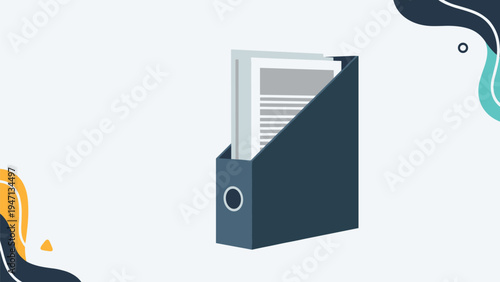 Dark blue vertical magazine file holder or desk organizer containing several white paper documents or thin magazines.