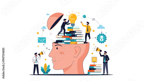 Creative team builds a knowledge structure inside a large human head silhouette using books and a glowing idea lightbulb.