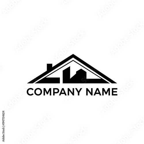 Black and white abstract house roof logo with company name text, suitable for real estate or construction business branding.