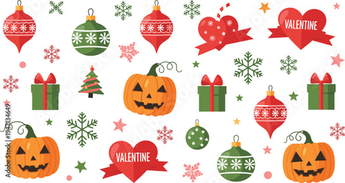 Holiday festive elements set with Christmas ornaments, Halloween pumpkins, gift boxes and Valentine hearts vector illustration