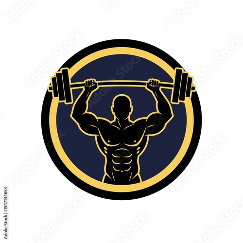 Muscular bodybuilder silhouette lifting barbell overhead in a circular emblem.