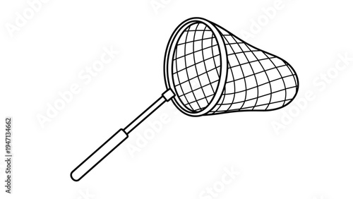 Simple black and white line drawing of a long-handled net used for catching butterflies, insects, or fish in a mesh bag.
