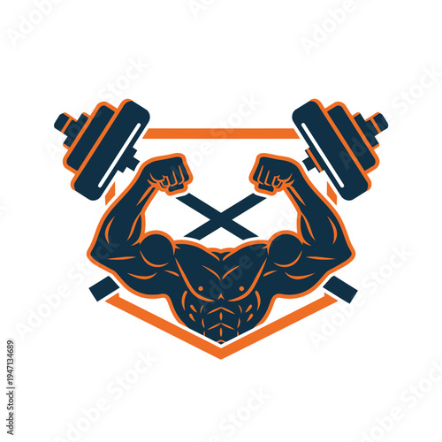 A strong, muscular bodybuilder flexing biceps with dumbbells, representing fitness and strength and a healthy lifestyle.