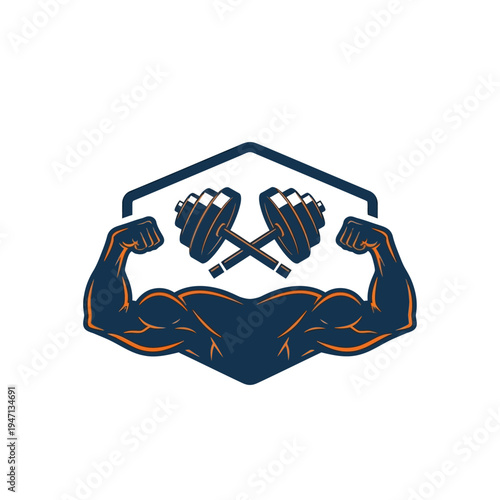 Strong muscular arms flexing with crossed dumbbells in a hexagonal emblem, representing fitness and bodybuilding.