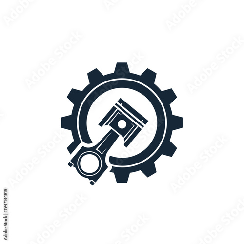 A dark silhouette logo featuring a gear with an engine piston and connecting rod inside, symbolizing mechanics and automotive industry.