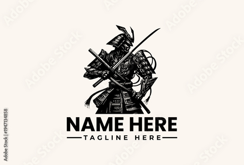 A black and white illustration of a samurai warrior with crossed swords and armor, forming a logo or pictogram on a clean background.