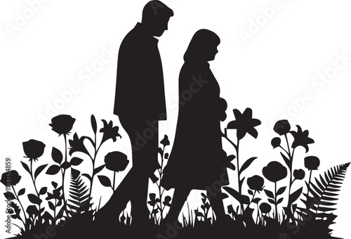 Silhouette of a couple walking among flowers, vector illustration, line art, serene scene