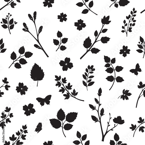 Seamless pattern vector silhouette of floral elements and butterflies on a gray checkered background
