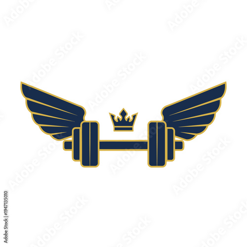 A stylized logo featuring a golden crown atop a dark blue dumbbell with outstretched wings, symbolizing strength and achievement.