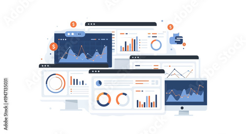 Multi-Screen Financial Data Analysis Dashboard. Vector Illustration of Business Intelligence and Market Analytics Reports on Computer Monitors.