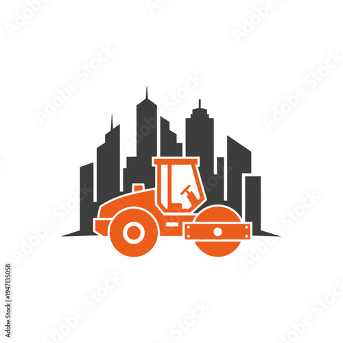 Orange road roller construction vehicle in front of a city skyline silhouette, representing urban development and infrastructure.