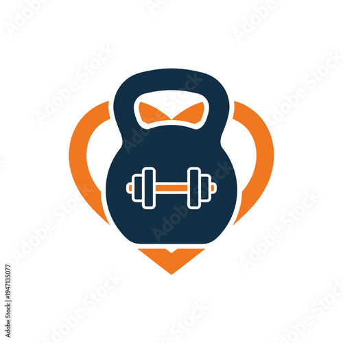 Fitness logo with a dark blue kettlebell, orange dumbbell, and heart shape.