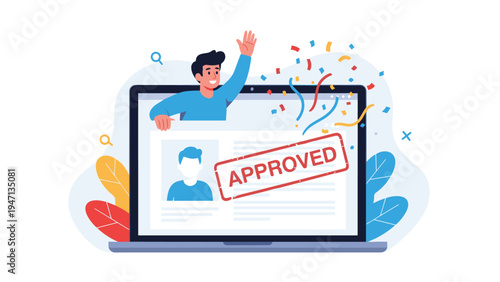 Happy man popping out of a laptop screen celebrating a job application approval with colorful confetti and a large red approved stamp on the profile.