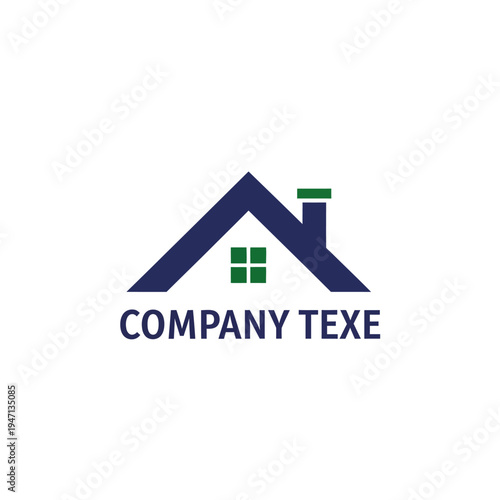A modern, minimalist logo featuring a dark blue house with a green chimney and windows, accompanied by "COMPANY TEXE" text, suitable for real estate or construction businesses.