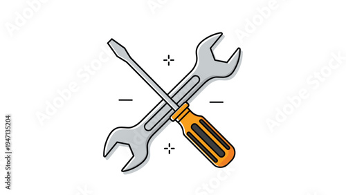 Crossed industrial tools including a silver wrench and a screwdriver with an orange handle for repair and maintenance.
