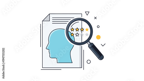 Magnifying glass inspecting a profile document with star ratings and a human head silhouette symbolizing candidate evaluation and talent assessment.