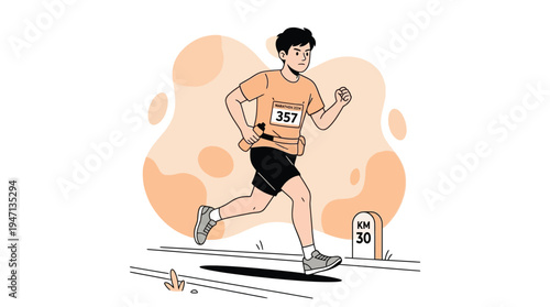 Vibrant Flat Illustration of a Determined Male Athlete Running a Marathon, Hydrating with Water Bottle, Fitness Concept