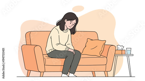 Unhappy Young Woman Sitting Alone on Sofa, Experiencing Depression, Sadness, and Mental Health Issues at Home