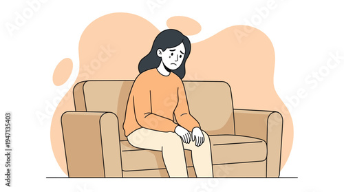 Sad and Lonely Young Woman Crying on a Couch, Illustrating Feelings of Depression, Anxiety, and Emotional Distress in a Flat Vector Style