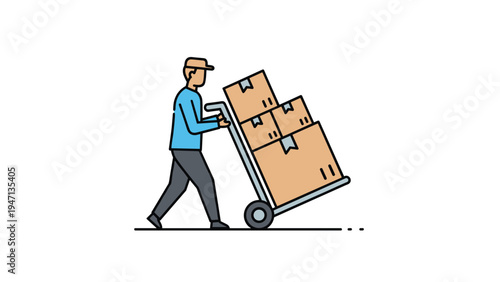 Delivery worker in a blue shirt pushing a hand truck loaded with several cardboard boxes for shipping and logistics.