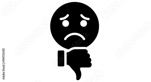 Sad face icon with thumbs down symbol negative feedback.