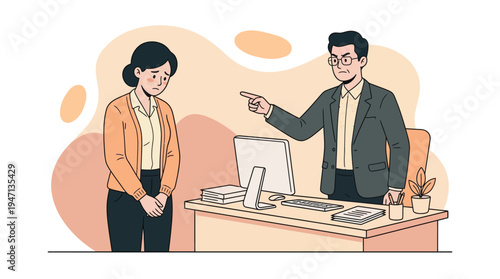 Corporate Confrontation: Disappointed Male Boss Scolding Sad Female Employee, Highlighting Workplace Stress and Conflict
